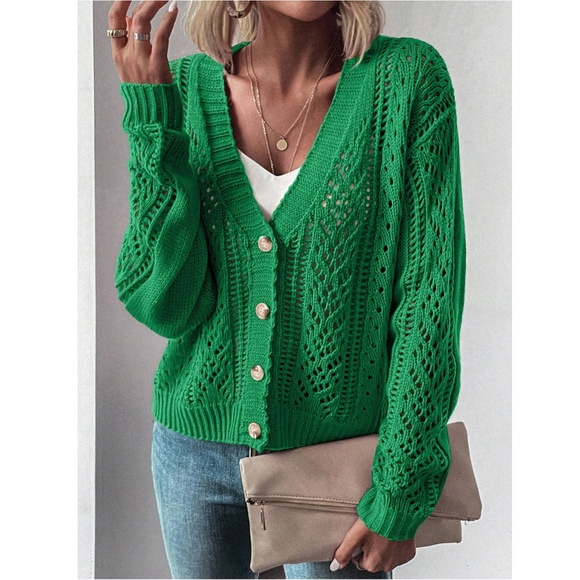 V-Cut Buttoned Green Light Cardigan Textured, Long Sleeve - Picture 5 of 8